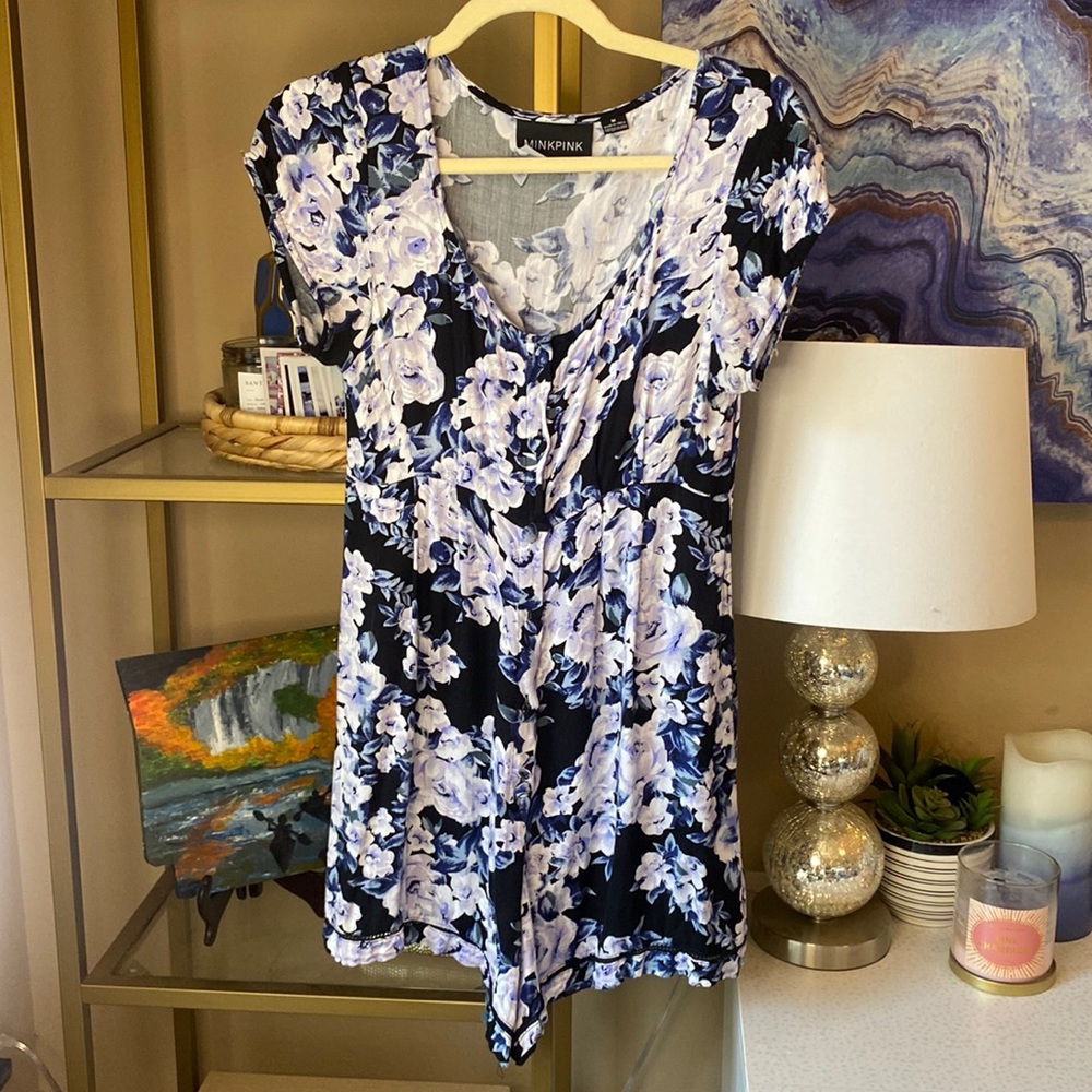 Blue floral button up romper